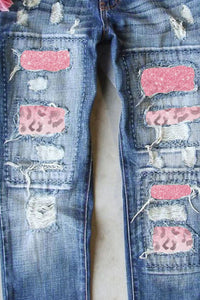 Adult Leopard Patch Distressed Straight Leg Jeans