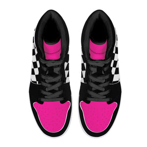Pink/ Checkered Flag High-Top Leather Sneakers - Black