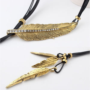 Bohemian Style Rope Chain Leaf Feather Pattern Pendant Fine Jewelry Statement Necklace