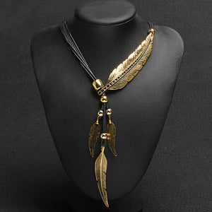 Bohemian Style Rope Chain Leaf Feather Pattern Pendant Fine Jewelry Statement Necklace