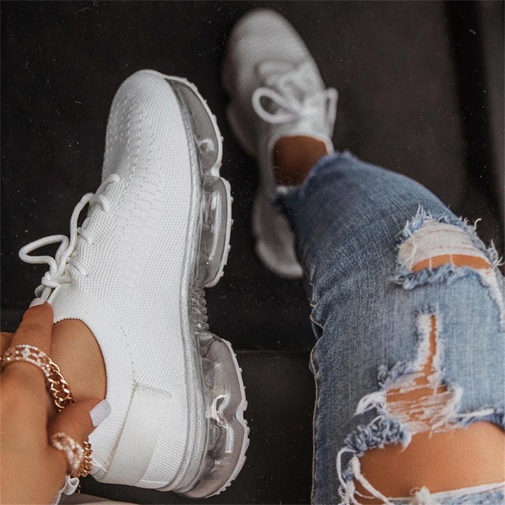 WHITE Women Sneakers Spring New Mix Colors Stretch Fabric Ladies Lace Up Casual Vulcanized Shoes Large-Sized Sports Shoes