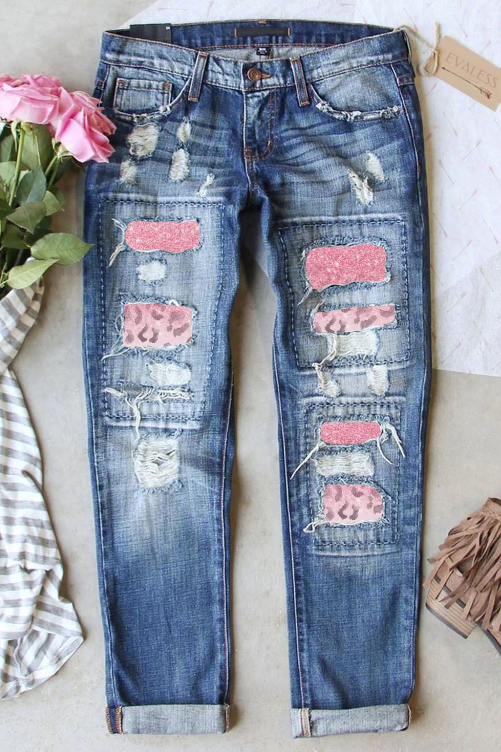 Adult Leopard Patch Distressed Straight Leg Jeans