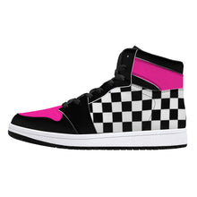 Load image into Gallery viewer, Pink/ Checkered Flag High-Top Leather Sneakers - Black