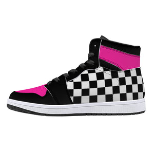 Pink/ Checkered Flag High-Top Leather Sneakers - Black