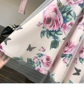 Women Two Piece T Shirt and Mesh Skirts Suits Bowknot Solid Tops Vintage Floral Skirt Sets Elegant Woman Two Piece Set