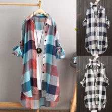 Load image into Gallery viewer, Women Casual Plaid Cotton Shirt Fashion Plus Size Loose Button Outdoorwear Tunic Shirt Blouse Female Long sleeve Beach Sun Tops