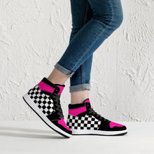 Load image into Gallery viewer, Pink/ Checkered Flag High-Top Leather Sneakers - Black